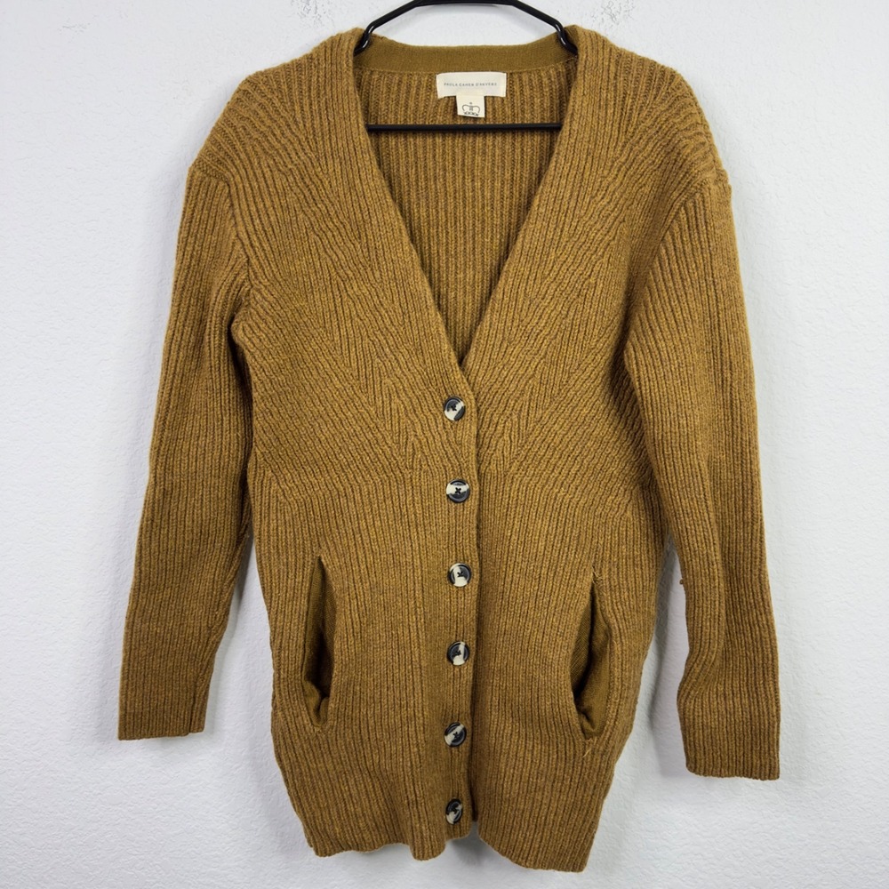 Paula Cahen D'Anvers Cardigan Womens 2 Wool Blend Ribbed Knit Neutral Minimalist